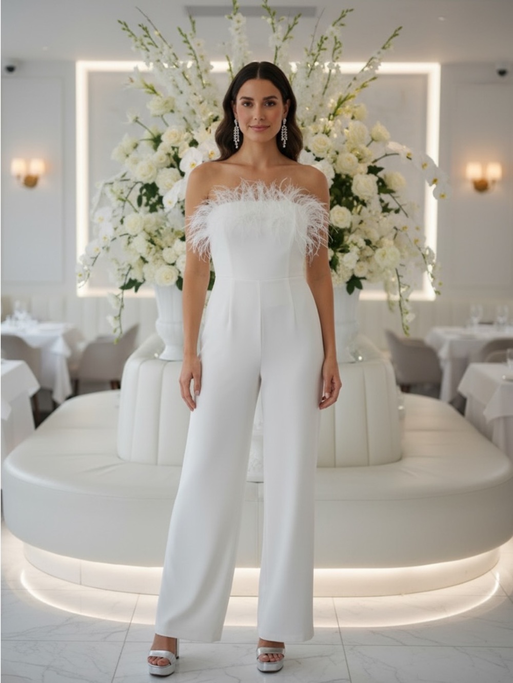 NEW blue b White Ostrich Feather Strapless Bride Bridal Wedding MRS. Jumpsuit
